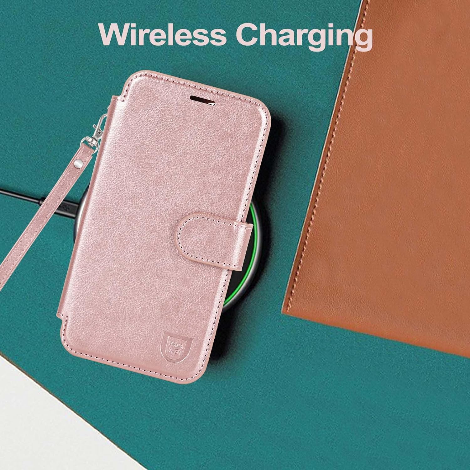 VANAVAGY Compatible for iPhone 15 Wallet Case for Magsafe Wireless Charging, PU Leather Flip Folio Case [Screen Protector & Camera Cover] with Wrist Strap RFID Blocking Card Holder,Rose Gold