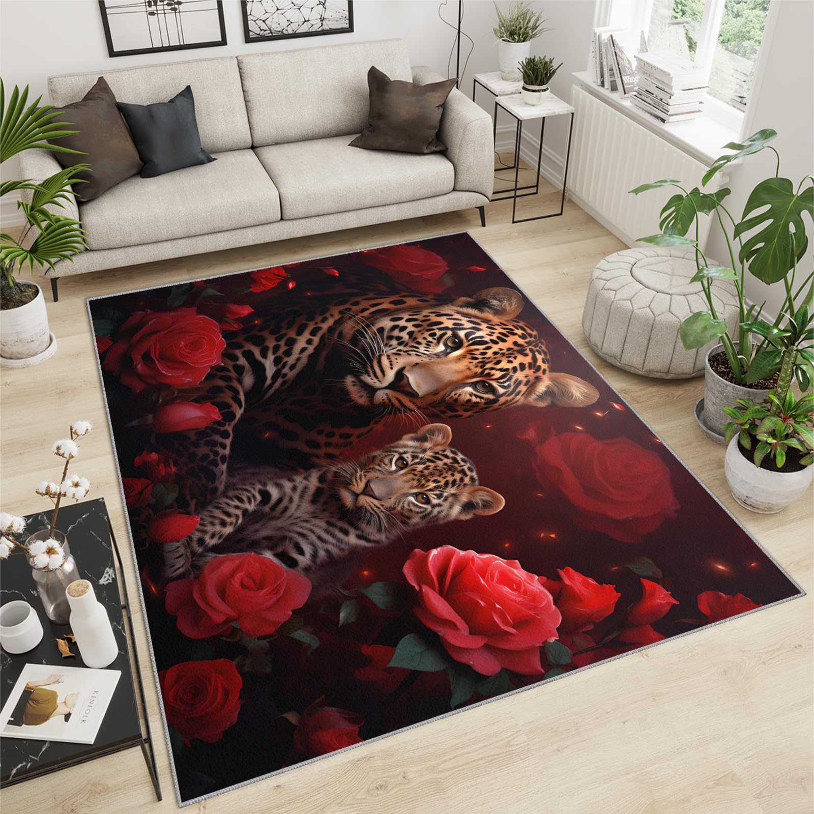 Cheetah Teppiche für Schlafzimmer, 80 x 120 cm, rote Rose, rutschfest, waschbar, Wildtier-Thema, für den Innenbereich, weiche Geräuschreduzierung, 3D-Tiere, Bodendekoration für Kinder