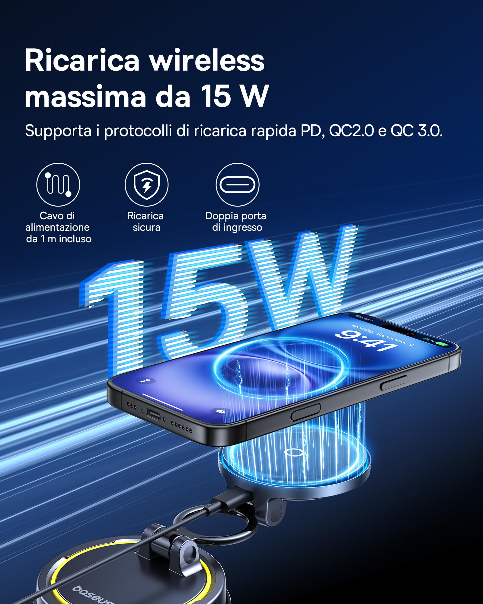 Baseus VC2 Flex Pro 15W Caricatore Wireless Auto Magsafe, Caricabatterie Wireless Magnetico, Supporto Telefono Auto Carica Rapida per iPhone 17 16 15 14 13 Pro Max