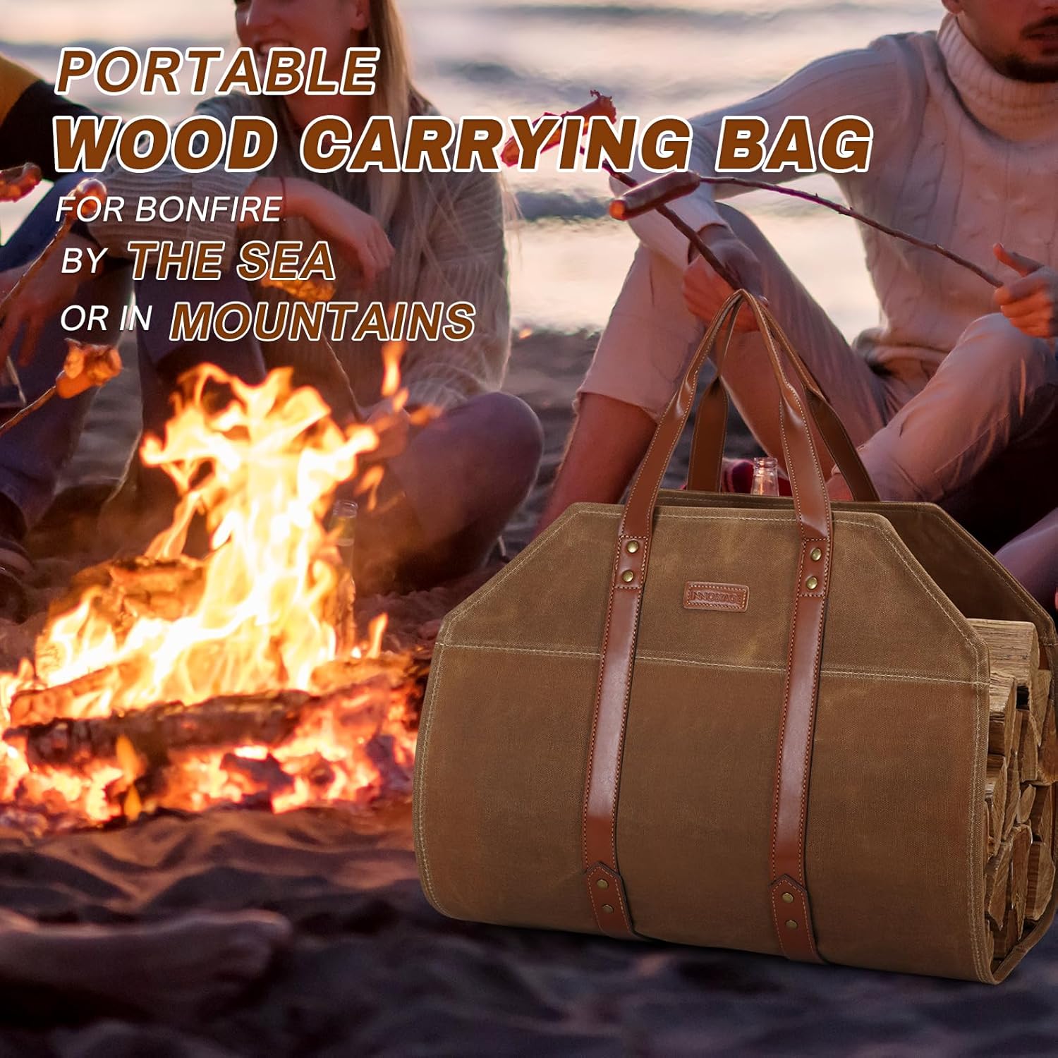 INNO STAGE Log Carrier|Waxed Canvas Log Holder|Firewood Carrier Tote Bag|Fireplace Wood Stove Accessories-Khaki - Image 8