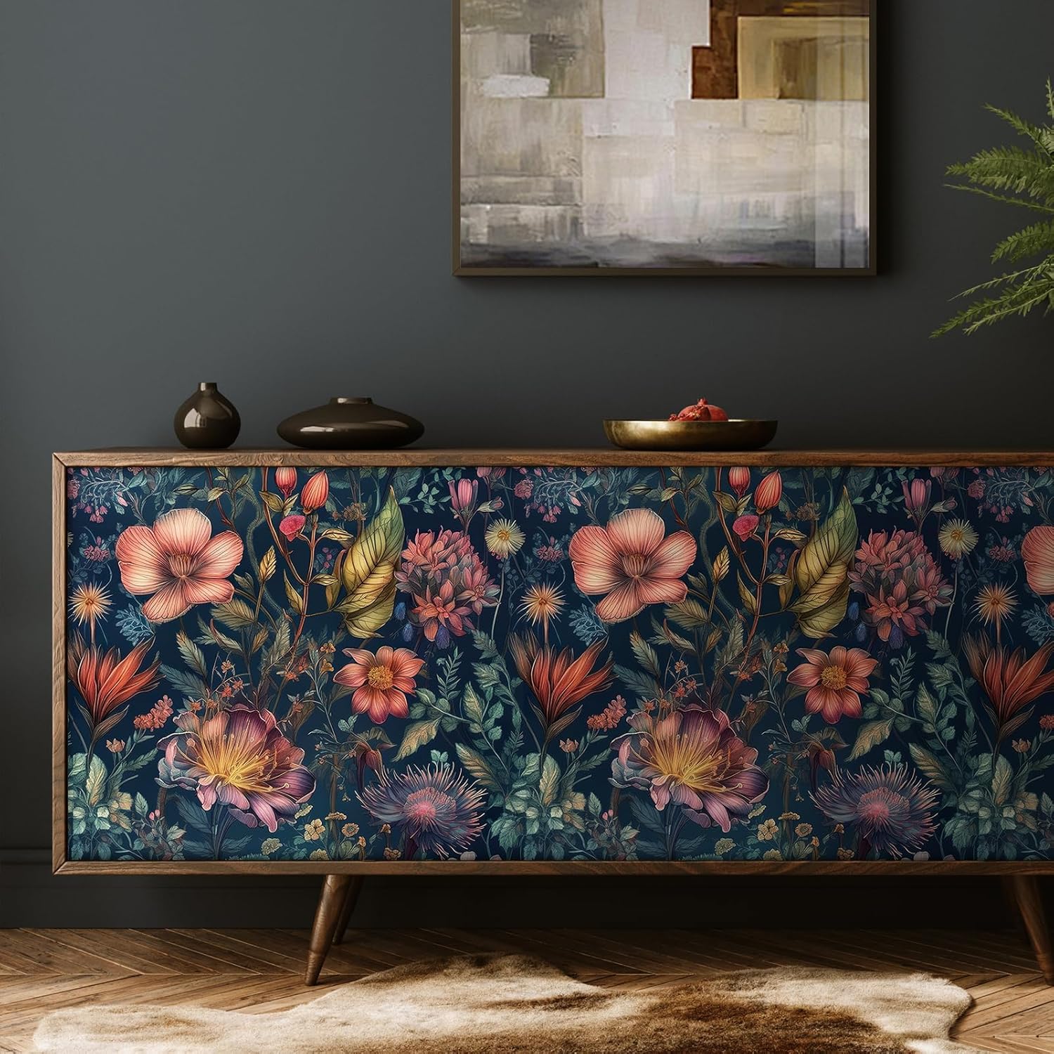 Livelynine 17.5x591" Dark Floral Peel and Stick Wallpaper Boho Navy Blue Teal Hunter Green Orange Purple Flower Prepasted Vintage Dark Academia Wallpapers Removable Shelf Liner Contact Paper Adhesive