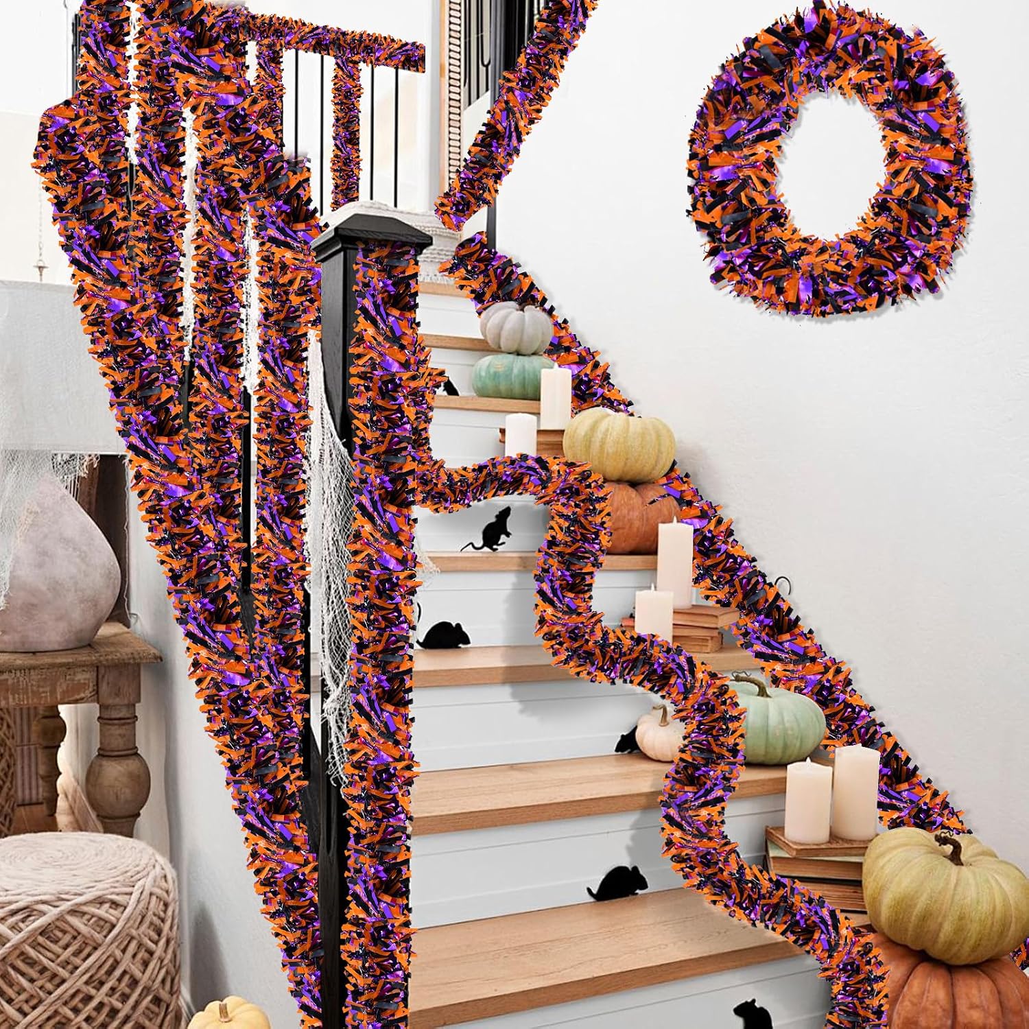 4 Strings Total 26.4 FT Halloween Full Fringe Tinsel Garlands – Each 6.6 FT Black Orange Purple Metallic Garland for Halloween Parties, Haunted Houses, and Spooky Decorations