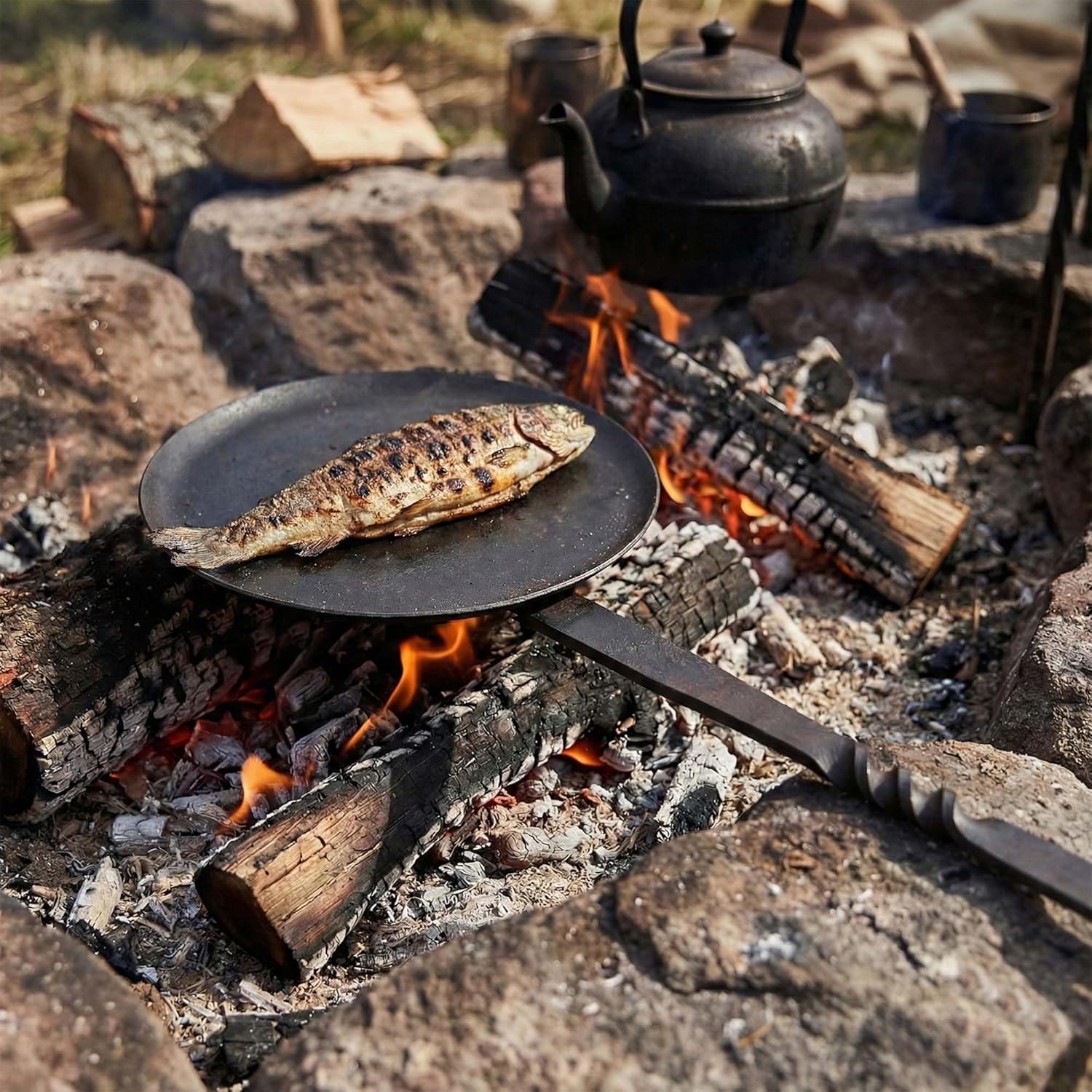 Rustic Hand Forged Iron Cooking Pan with Long Handle, 30 Inch, Natural Finish Medieval Flat Pan for Open Fire, Camping & Hearth Cooking
