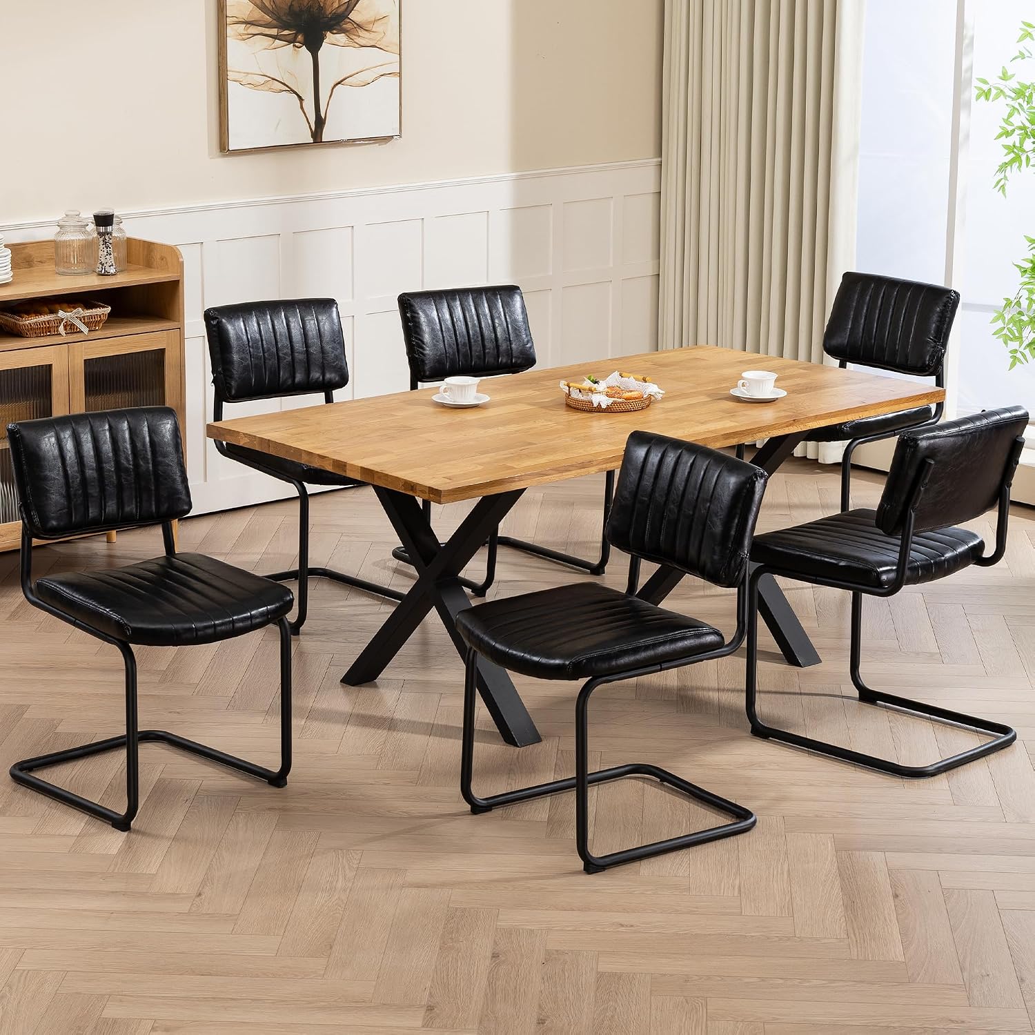 AVAWING Cantilever Dining Chairs Set of 6, Mid Century Modern Dining Chairs with Armless Backrest Comfy Chairs for Dining Table PU Leather Upholstered Dining Room Chairs for Kitchen Living Room, Black