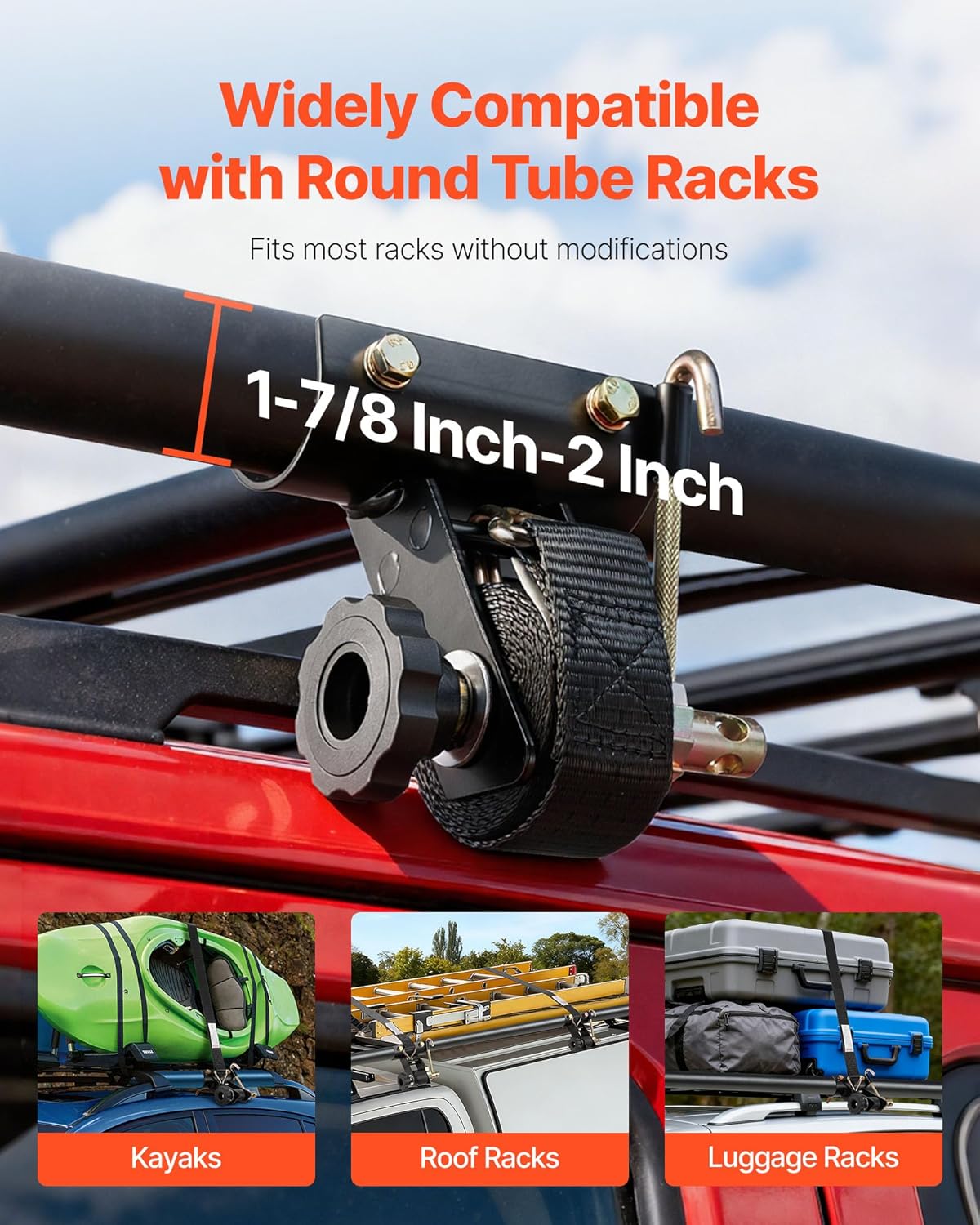 VEVOR Ladder Rack Ratchet Straps, 2'' Black Round Tube Mount, 1.5'' Wide x 7.5' Long Black Ladder Rack Straps with Double J-Hooks, 500 lbs Load Heavy Duty, Cargo Buckle Lock Strap (2 Pack)
