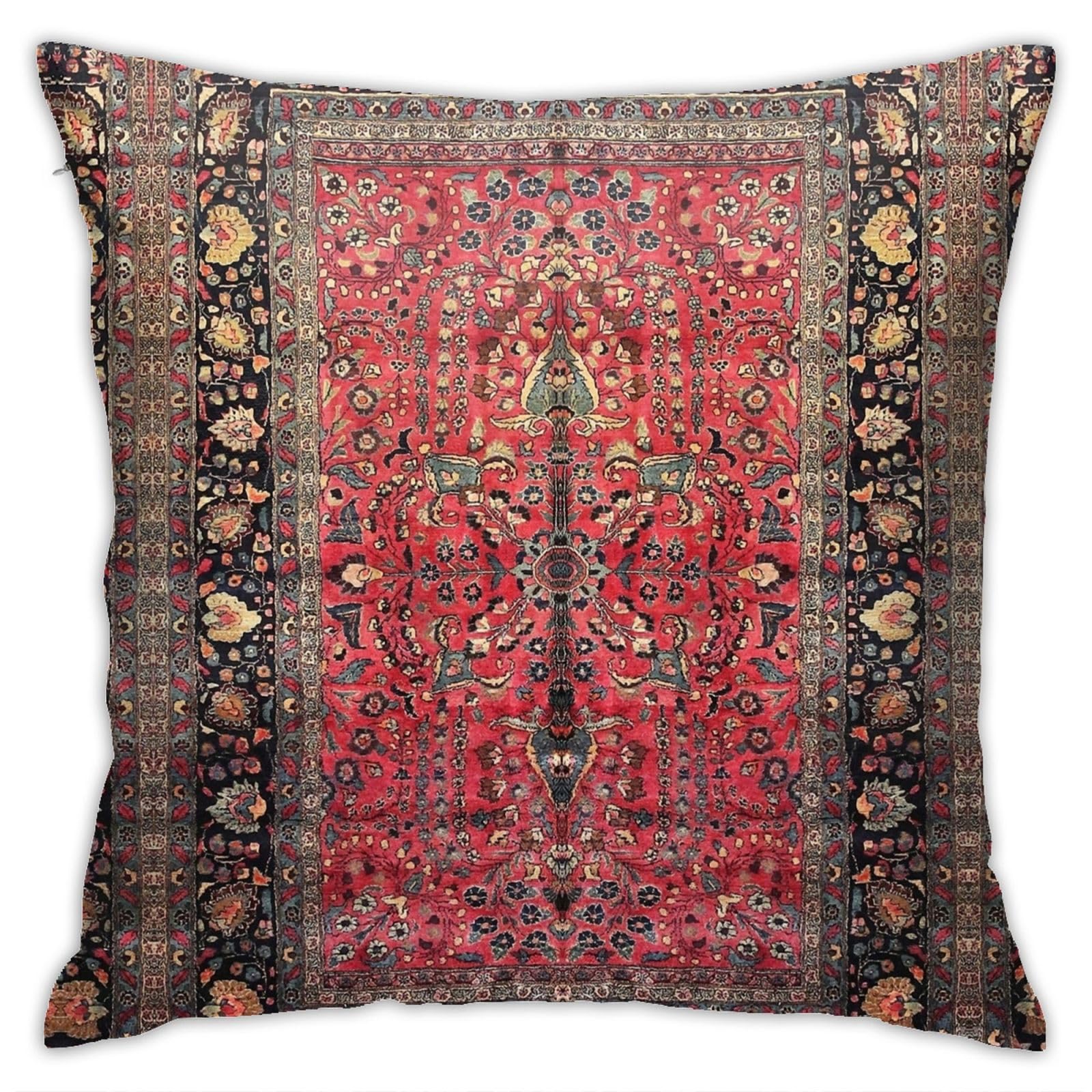 Antique Persian Red Rug Throw Pillow Covers 18"X18" Cozy Velvet Square Throw Pillowcases Home Decor For Bed Couch Sofa Living Room Cushion Cover