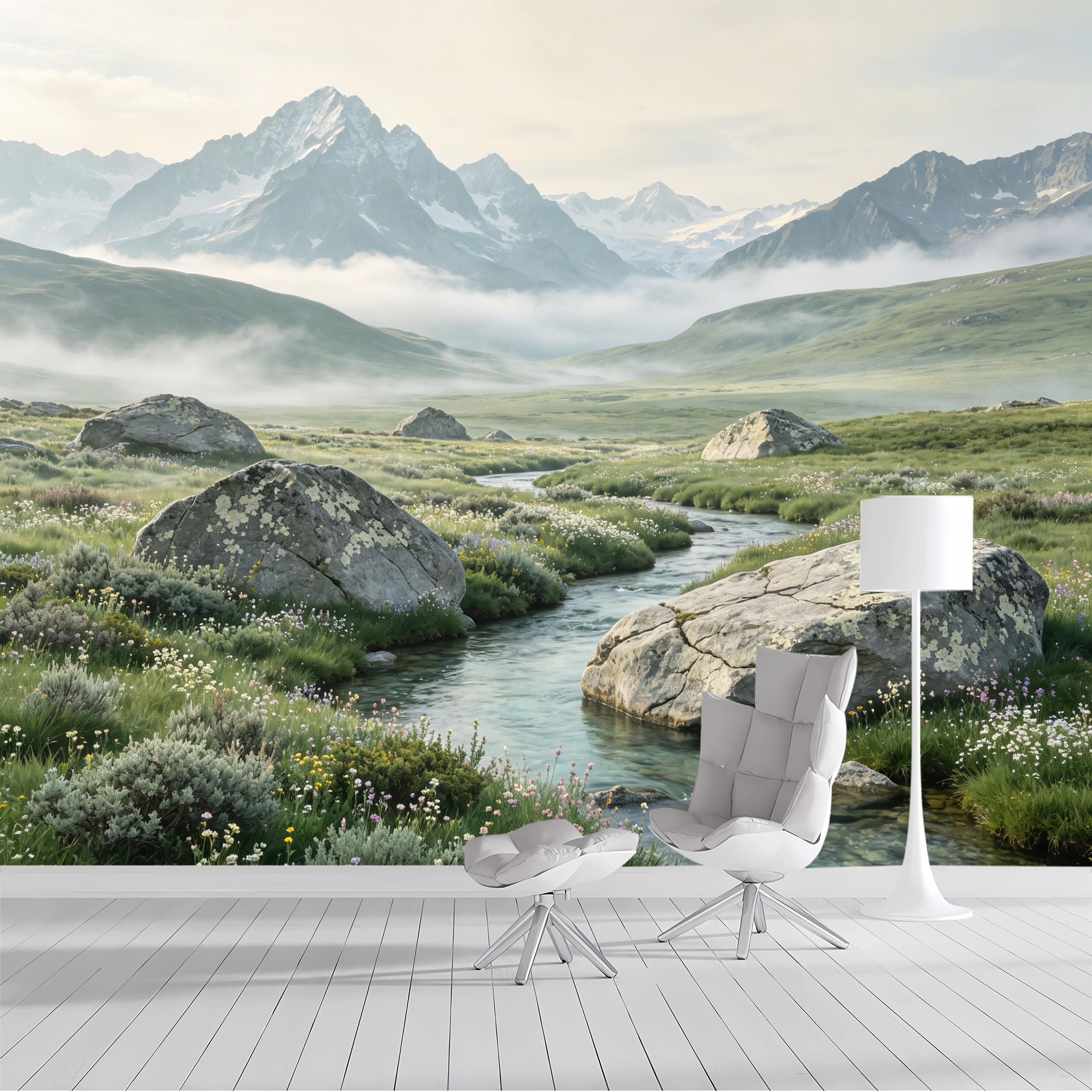 Custom Size Wall Mural Alpine Meadow Stream Wildflowers Misty Mountains Landscape Pastoral Watercolor SelfAdhesive Wall Fabric Removable Wallpaper for Living Room Bedroom Bathroom