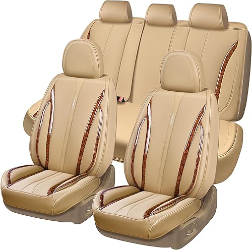 CAR PASS Fundas de cuero beige para asiento de automóvil, juego completo de fundas de asiento automotriz transpirables e impermeables, cojín