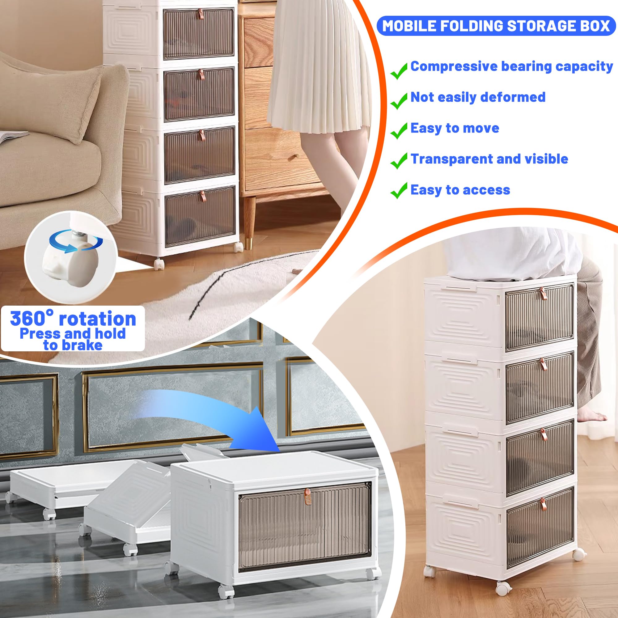 Contenitore portaoggetti pieghevole con coperchio, contenitori impilabili in plastica trasparente con anta e ruote, per cucina, ufficio e soggiorno, bianco (6 livelli)