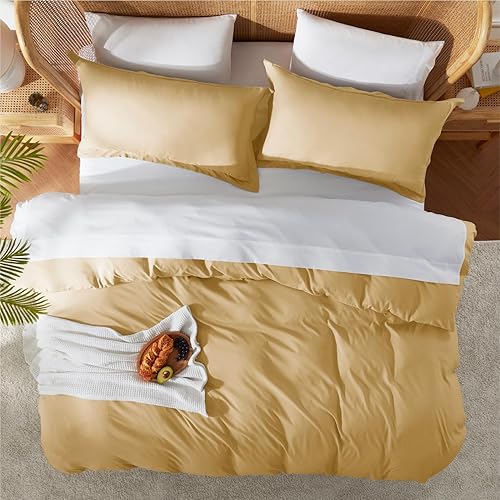 Miniatura 5 de Nestl Juegos de funda de edredón tamaño Cal king, color dorado, de suave doble cepillado, 3 piezas, cierre de botón, 1 funda de edredón de 104 x 98