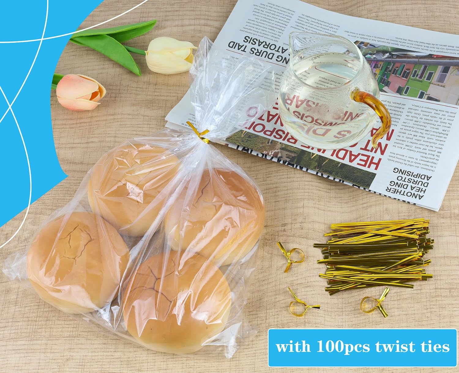 Clear Flat Open Poly Bags,100pcs Food Storage Bags with 100pcs Twist Ties, 1.1Mil Plastic Bag For Packaging,Storage Food, Proving Bread, Gift Wrap, and More.(10x14Inch) image 5