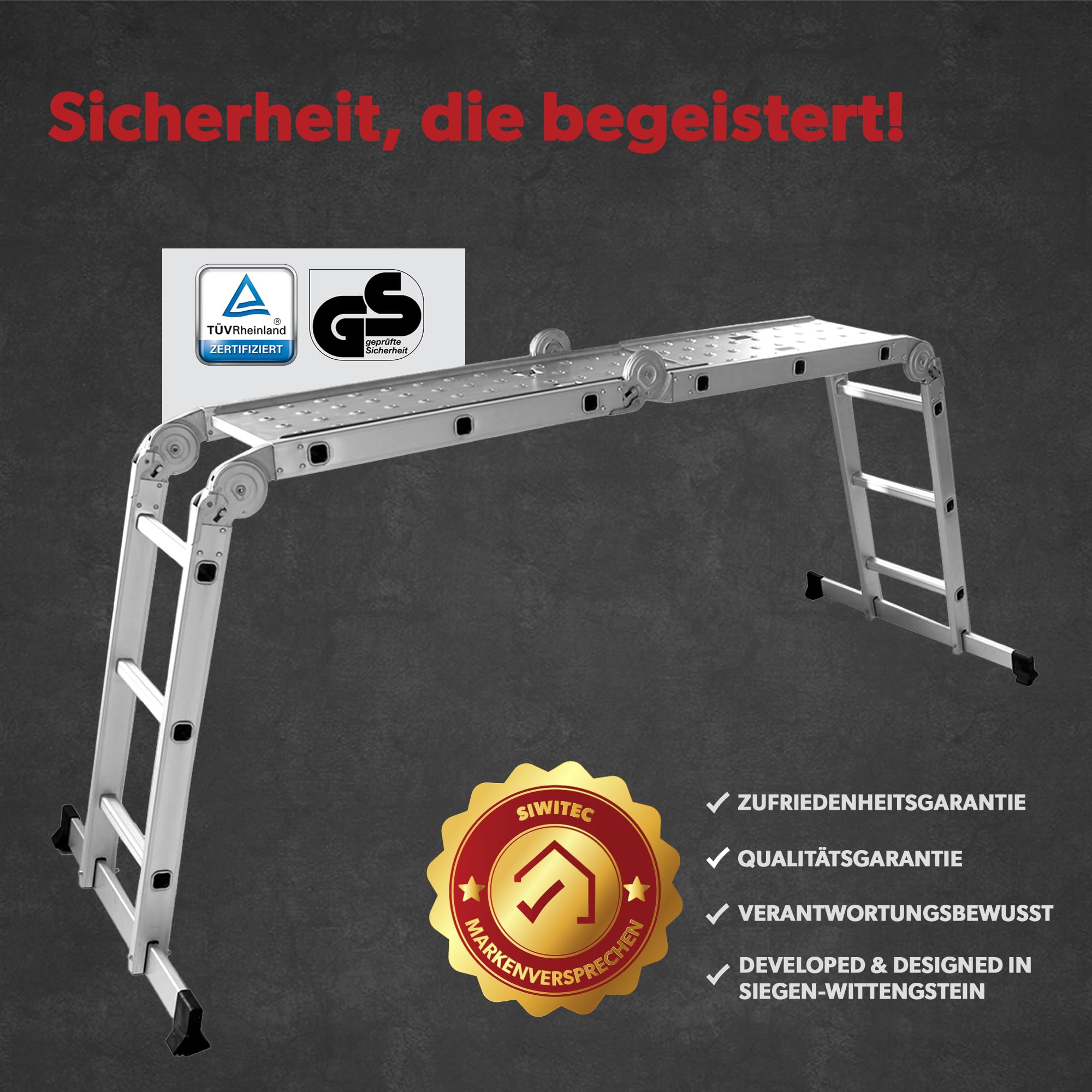 siwitec Scala multiuso 4 x 3 gradini, scala con 2 piastre di ponteggio, scala a pioli fino a 150 kg, scala in alluminio, scala domestica, 12 gradini, certificata TÜV/GS