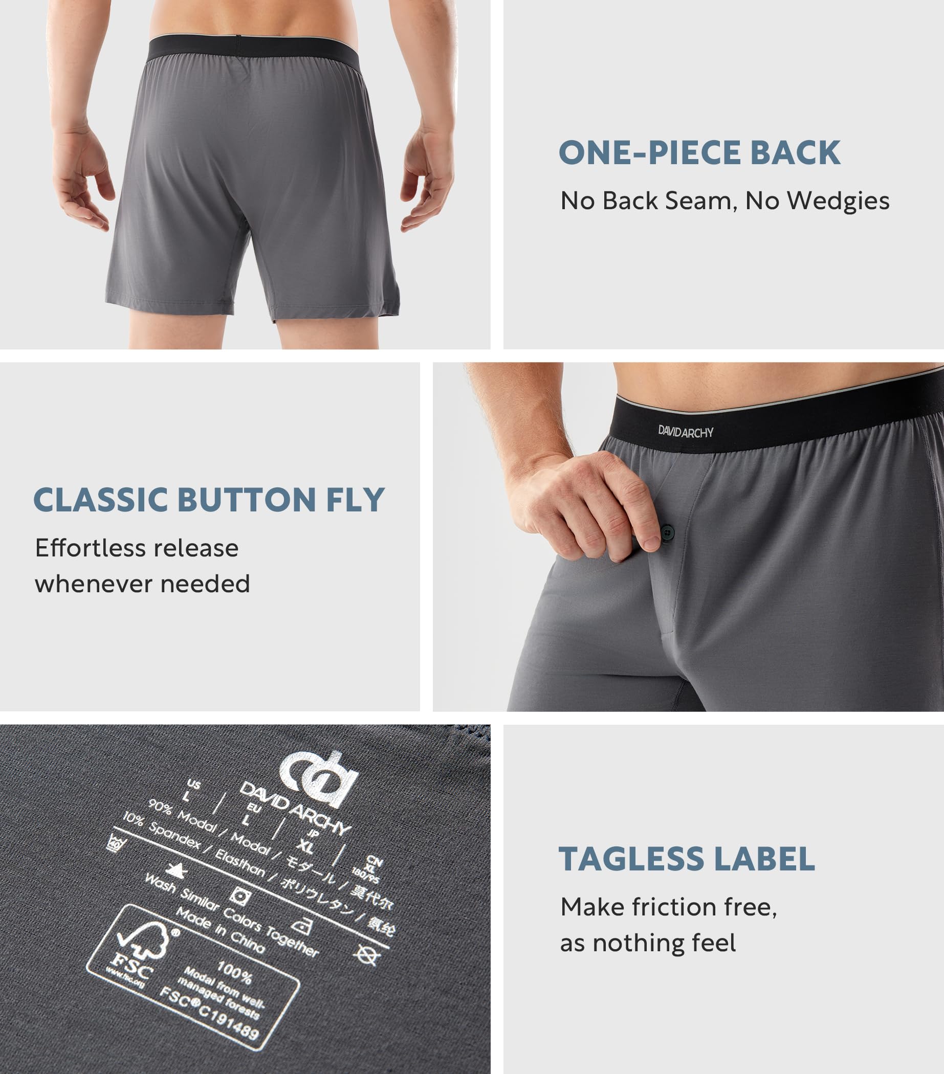 DAVID ARCHY Ultra weiche Modal-Boxershorts für Herren, seidig, dehnbar, atmungsaktiv, lockere Herren-Unterwäsche für Schlaf, 4 Stück