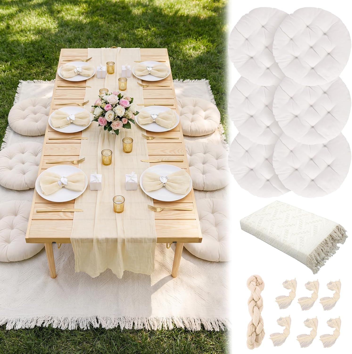 Beeveer 91 x 71'' Extra Large Outdoor Picnic Blanket with Table Runner Napkins and Floor Pillows Cushions for Picnic Party Camping Wedding Bachelorette Birthday Baby Shower Decor(6 Set,Beige)