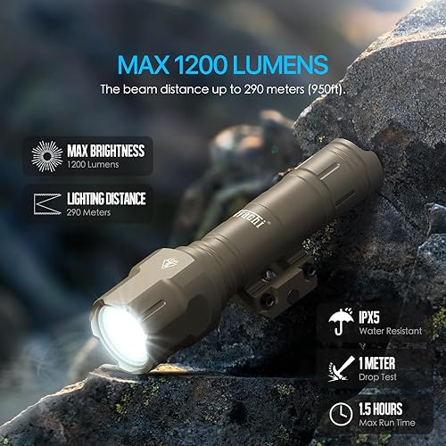 Vista 29 de Feyachi Rifle Light 1200LM 22500Candela WL25 Tactical AR linterna LED luz al aire libre con interruptor de presión y montaje en riel Picatinny, 3