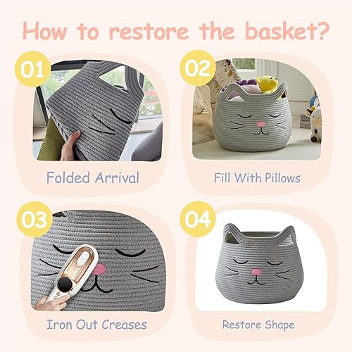 Miniatura 31 de OMERAI Cesta de animales para gatos, bonita canasta de manta grande tejida de cuerda de algodón, almacenamiento de juguetes para decoración del Gris