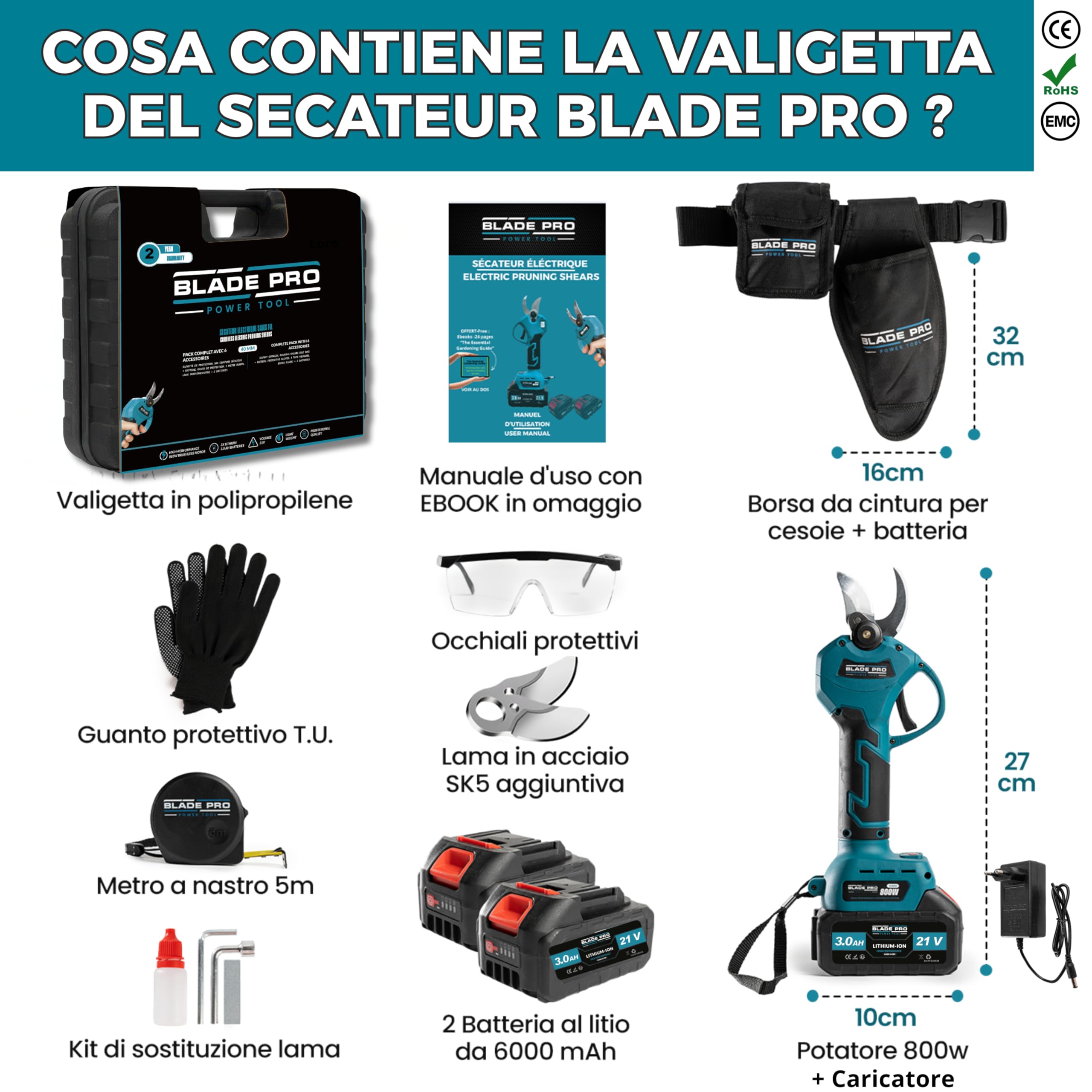 Forbici Potatura a Batteria 6000mAh Brushless fino a 40mm — Cesoie a Batteria Professionali — 2 Batterie 21V — Lama SK5 — Kit Completo 10 Pezzi BLADEPRO