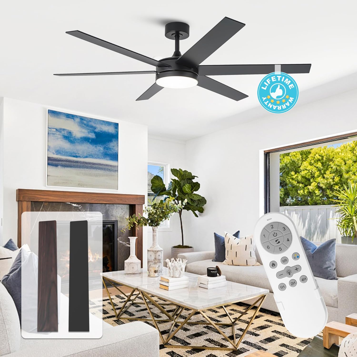 ceiling fans with lights large ceiling fan with light and remote control, indoor outdoor ceiling fans for patios bedroom, dimmable led, reversible dc motor, 6 speeds, etl (black, 60 inch) black 60 inch