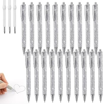 MAQUITA 20 Pcs Bling Rhinestone Pen, Diamond Rhinestones Silver Metal Ballpoint Pen, Fancy Sparkly Crystal Retractable Black Ink Pens for Women Office Birthday, 1.0mm