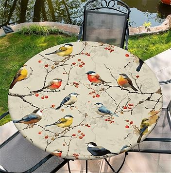 Round Fitted Tablecloth with Elastic Edge, Washable Table Cover 38"-42" Tables for Party Picnic Dinner Farmhouse Tabletop Decor - Bird Floral
