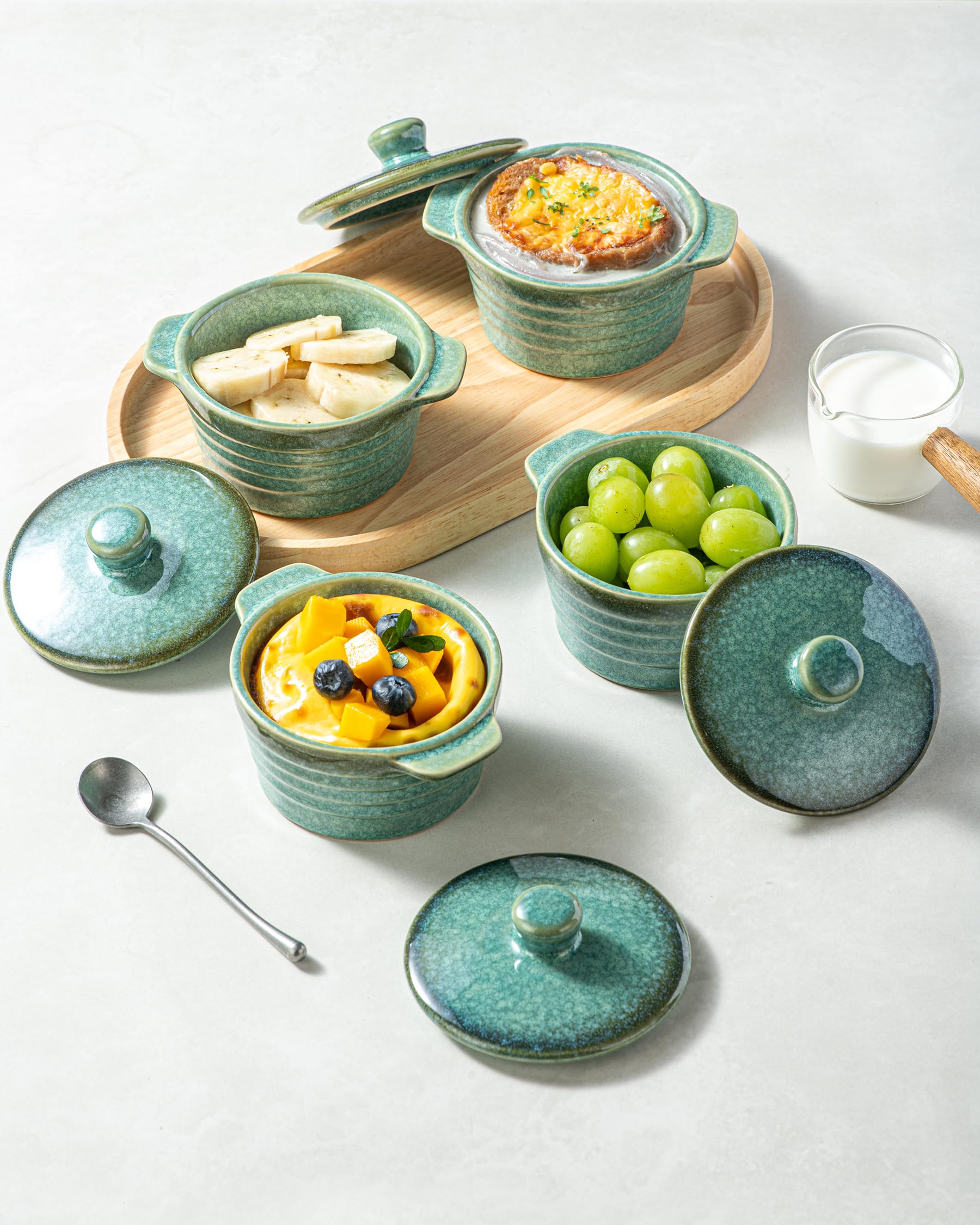 HENXFEN LEAD Mini Cocottes aus Steinzeug, 230ml Auflaufförmchen Souffle Förmchen mit Deckel, 4er-Set Kleine Auflaufform Creme Brulee Schälchen, Glänzend Grün