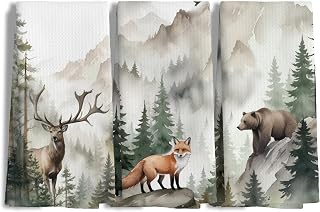 Farmhouse Forest Animals Kitchen Dish Towels Set of 3, Rustic Deer Fox Bear Mountain Nature Hand Towels for Cabin Lodge Camper Nursery Kitchen Bathroom Decor, 16x24 Inch