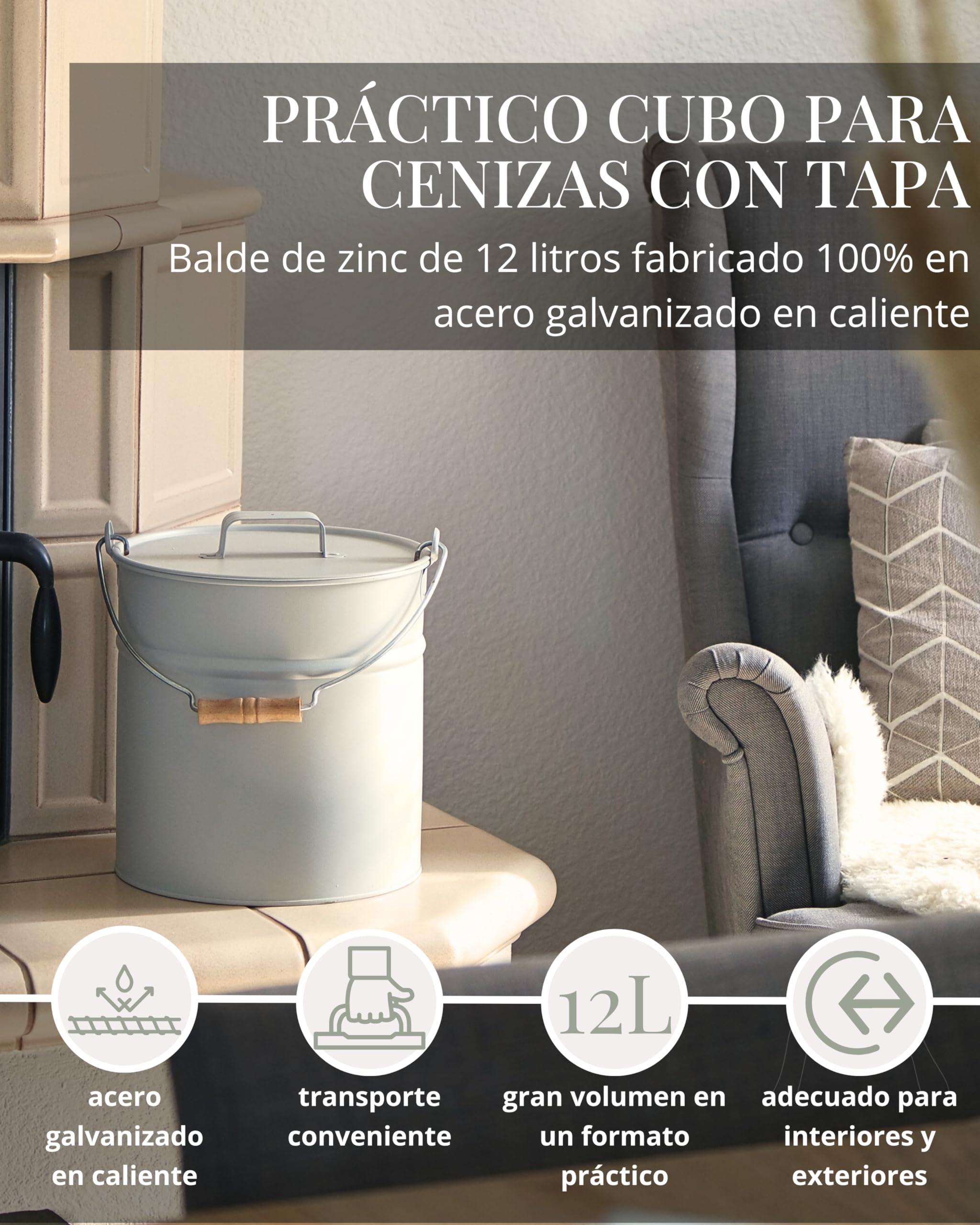 LIVLIG Cubo de Cenizas Con Tapa, 10 L, de Zinc, Metal, Beige - Accesorio Para Chimenea