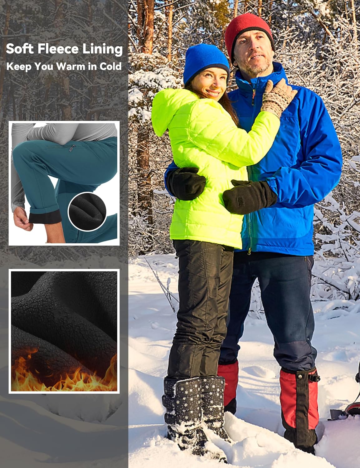 MOURCE Fleece Lined Hiking Pants Men - Waterproof Softshell Outdoor Ski Snow Cargo Pants with Zipper Pockets