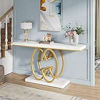 Vista 5 de Tribesigns Mesa Consola de 55 Pulgadas para Pasillo, Mesa de Entrada de Mármol Sintético Dorado con Base de Metal Geométrico, Mesa de Acento Moderna