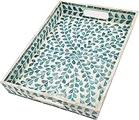 PEMAR Handmade Mother of Pearl Rectangular Serving Tray - Teal Floral Nacre Inlay Wood Ottoman Coffee Table Lap Tray with Handles