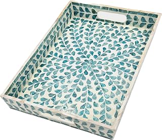 PEMAR Handmade Mother of Pearl Rectangular Serving Tray - Teal Floral Nacre Inlay Wood Ottoman Coffee Table Lap Tray with Handles