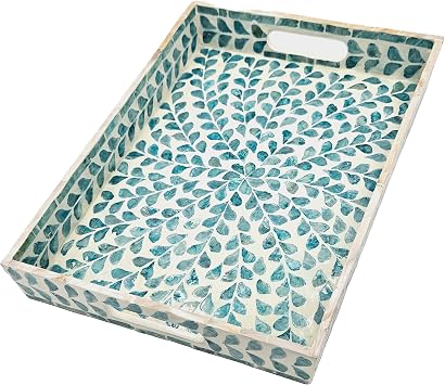 PEMAR Rectangular Mother of Pearl Serving Tray Nacre Wood Lap Ottoman Tray for Coffee Table, Luxury Decorative Handmade Eating Platters w Insert Handles Teal Floral Pattern