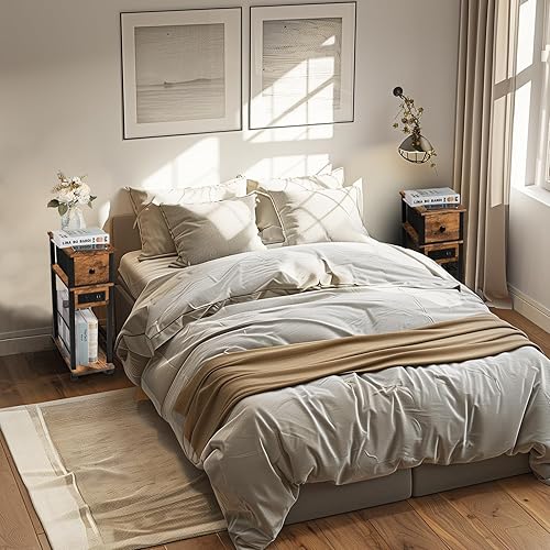 Miniatura 5 de Juego de 2 mesas auxiliares, mesa auxiliar con estación de carga y cajón, mesa auxiliar estrecha con puertos USB y salidas para espacios pequeños,