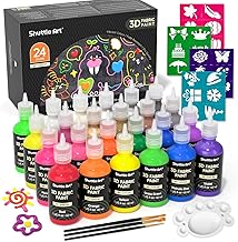 Shuttle Art 3D Permanent Textile Paint (30 ml), 24 Colours 3D Permanent Fabric Paint with Brushes, Palette, Fabric Markers, Glitter Colours, Metallics, Textile Fabric Paint T-shirt