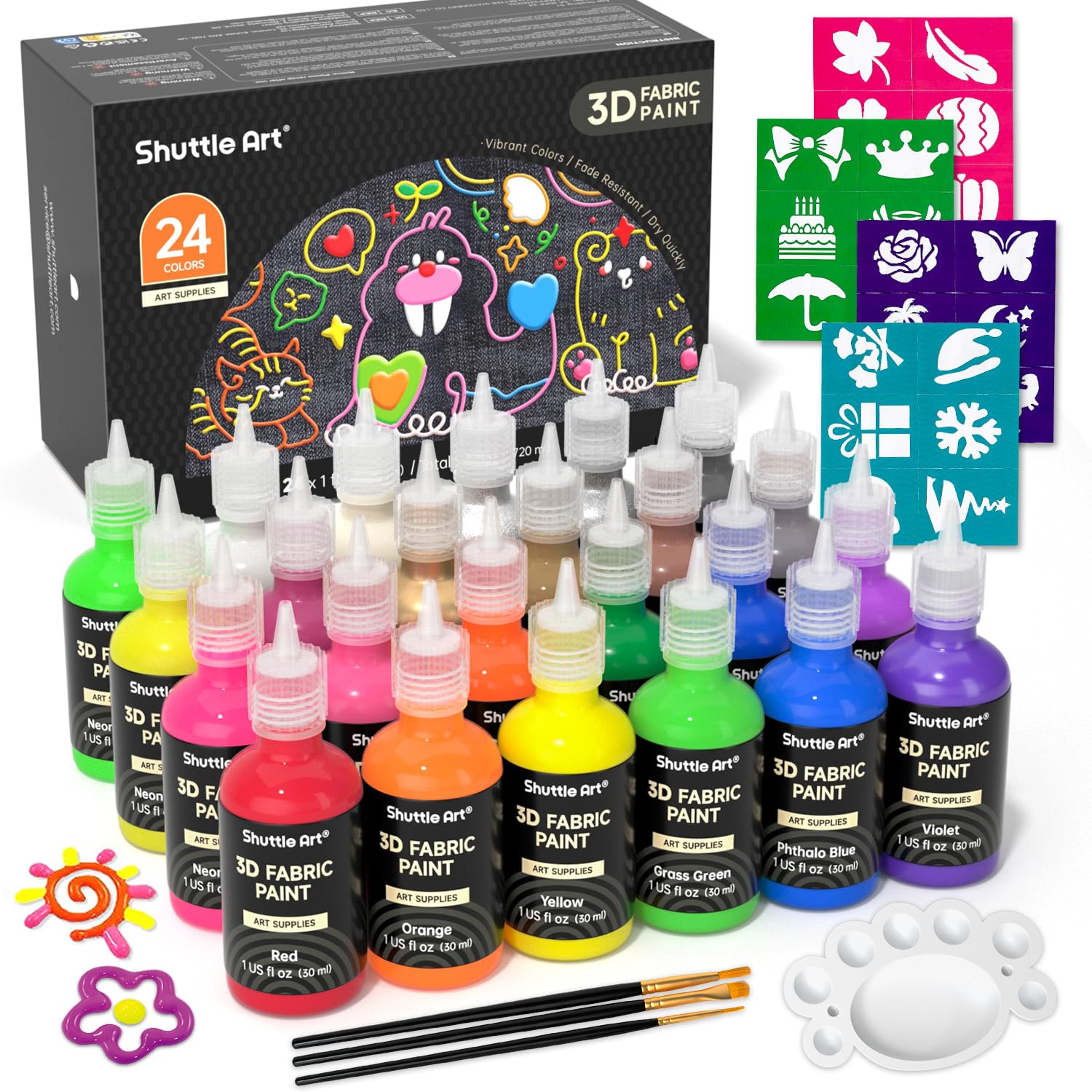 Shuttle Art Pintura Textil 3D Permanente (30ml), 24 Colores Pintura de Tela Permanente 3D con Pinceles, Paleta, Rotuladores para Tela, Colores Purpurina, Metálicos, Pintura para Tela Textil T-shirt