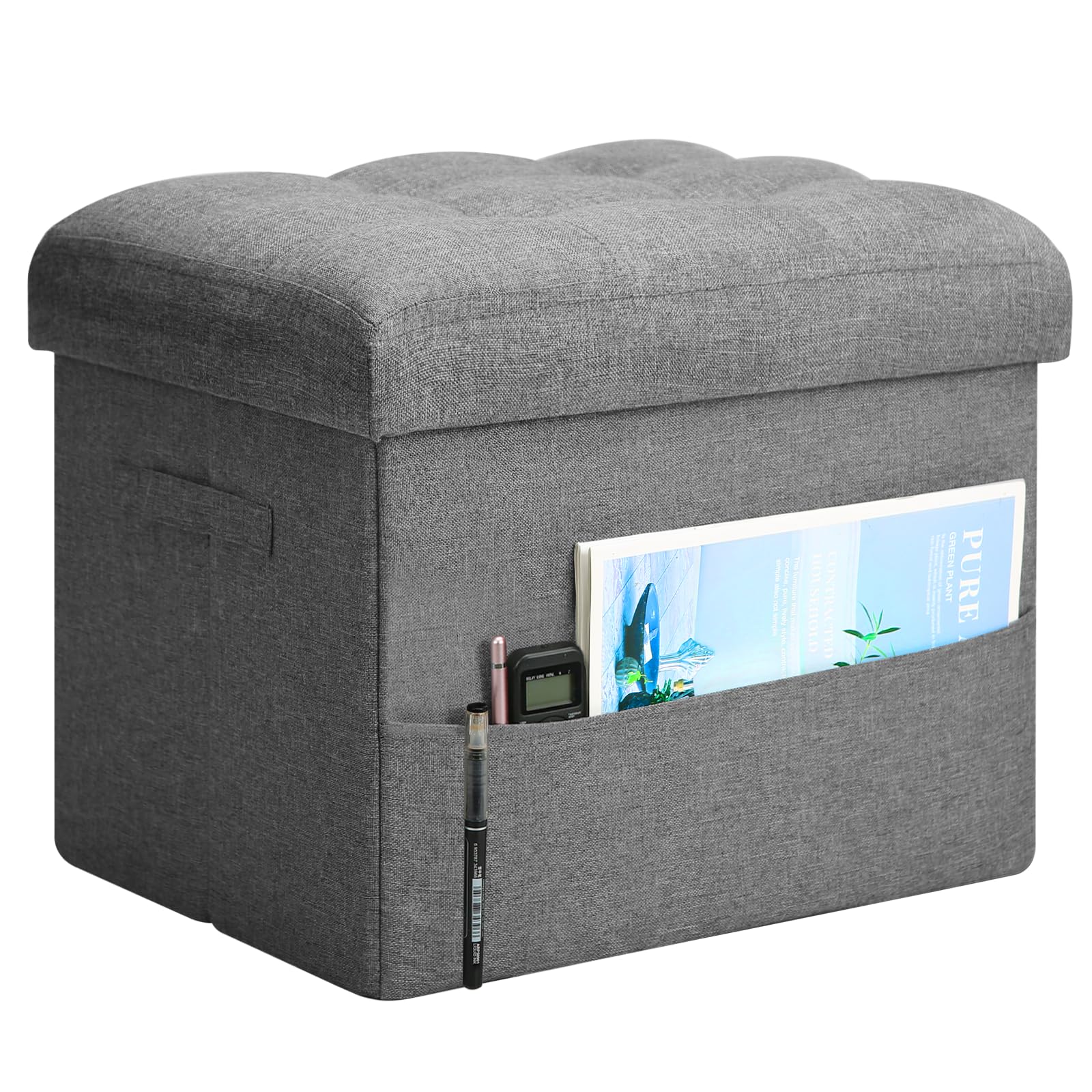 Storage Ottoman with Extra Thick Foam Padded Seat, Foldable Foot Rest Stool with Linen Fabric, 43L Ottoman with Storage Bench for Bedroom Living Room, Holds Up to 300lbs, 17x13x13in, Dark Gray