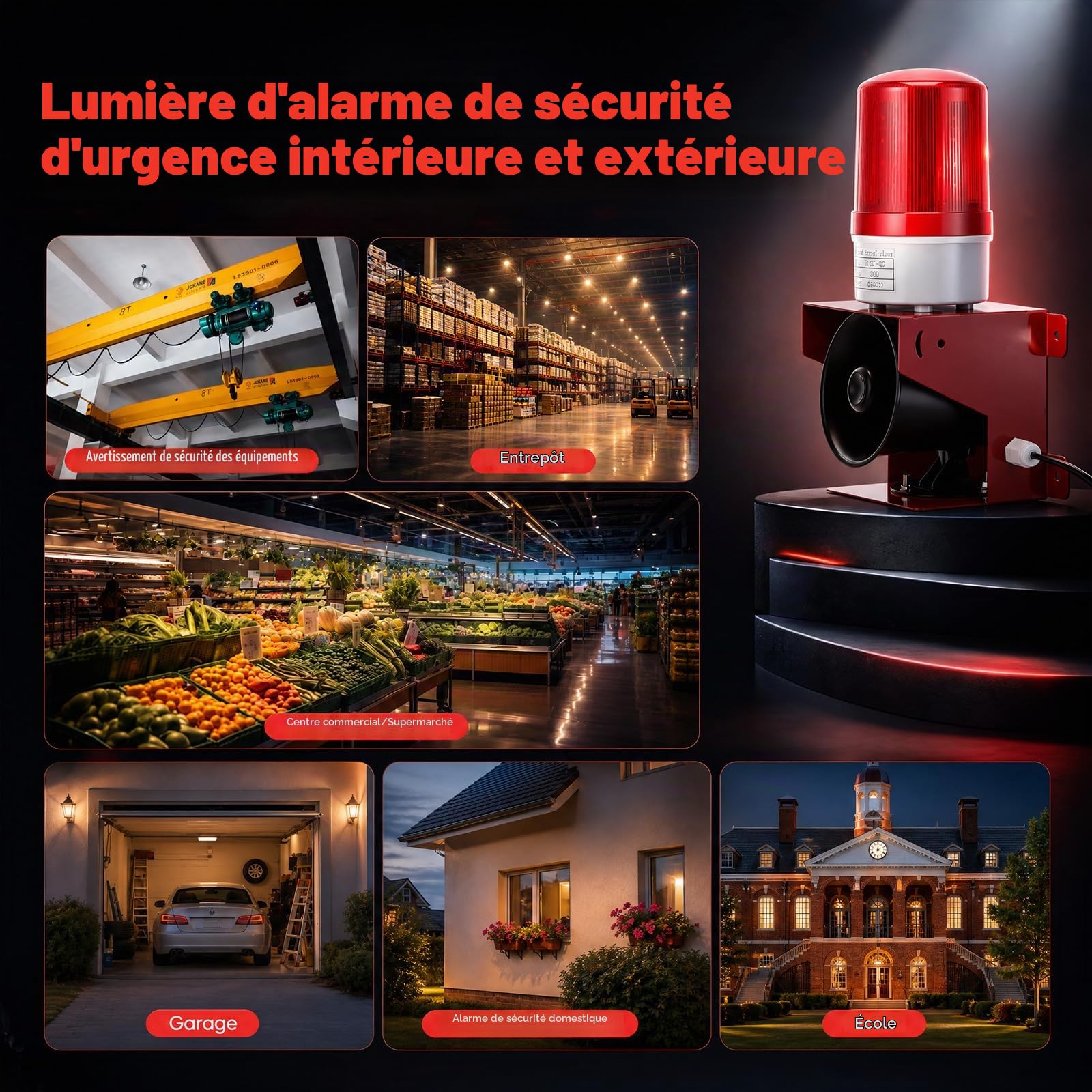 Sirène D'alarme Industrielle, 120 DB avec Lumière Stroboscopique IP65 Lampe LED Industrielle Convient pour Une Utilisation Intérieure et Extérieure Mine Pierre Cour de Sable Prise EU 220 V