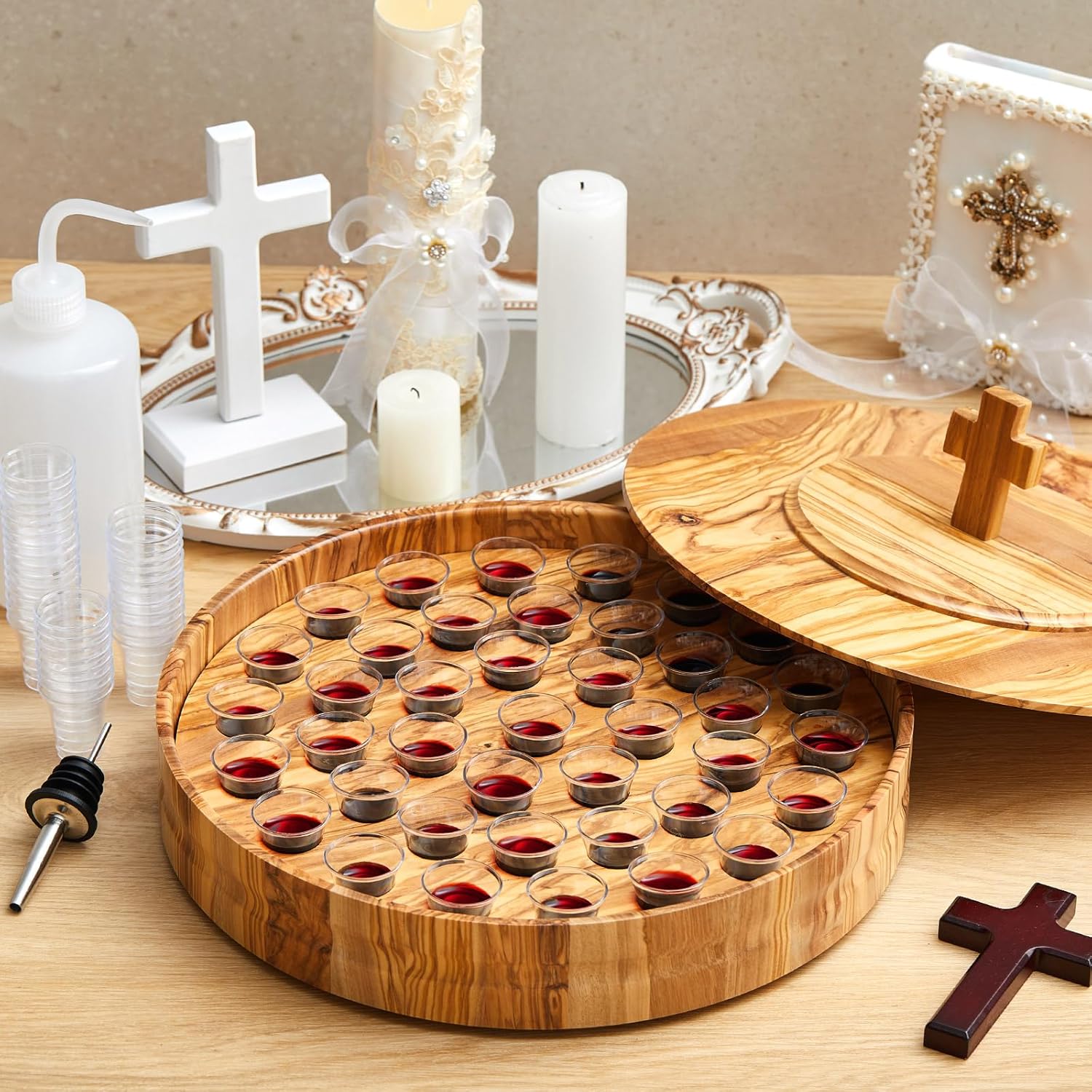 Zhehao 1 Set Wood Communion Set Holy Communion Trays for Churches with Lid Churches Cup Fillers and 100 Disposable Cups(Olive Wood Style)