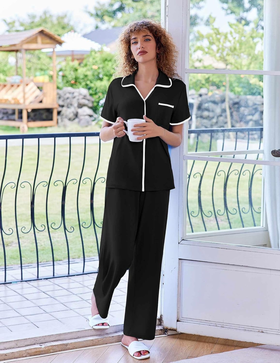 Ekouaer Women Pajamas Button Down Notch Collar Soft Short Sleeve Pjs with Long Pant Lounge Set - Image 6