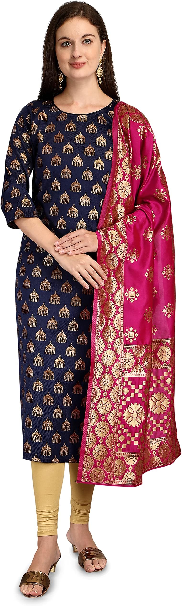 VredeVogel Women's Cotton Silk Blend Straight Kurta with Banarasi Silk Dupatta