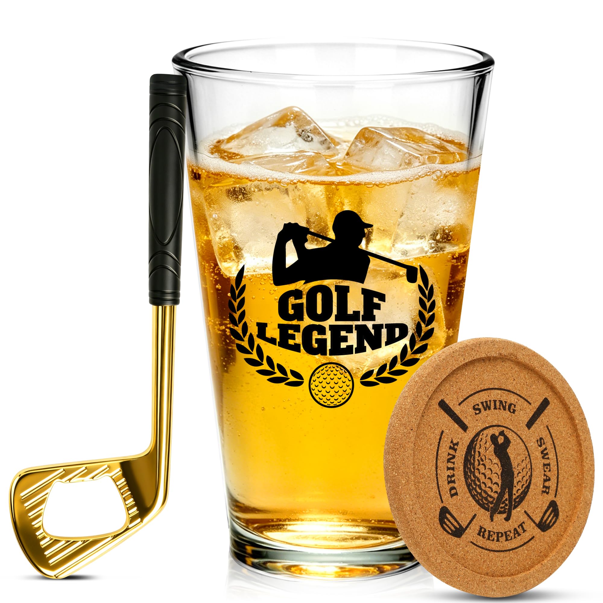 EccoCove Golf Gifts for Men – 480ml Beer Glass Set with Golf Club Bottle Opener & Cork Coaster, Unique Golfs Gift for Golfs Lovers, Men’s Birthday Gifts Father’s Day Present