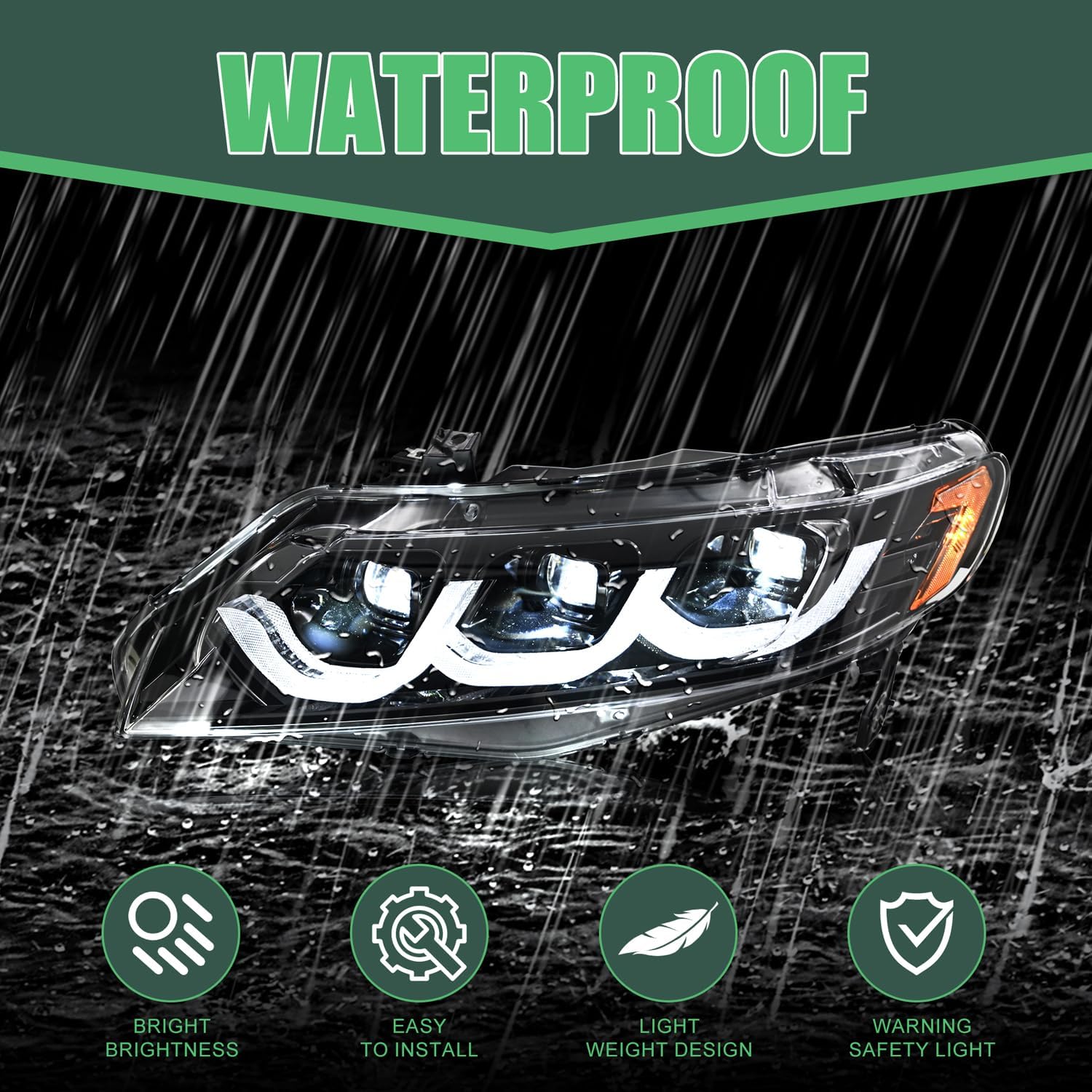 letsdate Projector Headlights Fit For 8th Gen Civic Sedan 2006-2011(Not Fit Coupe), Aftermarket Assembly with Start-up Animation w/Amber Sequential Turn Signal, No Need Bulbs 2PCS