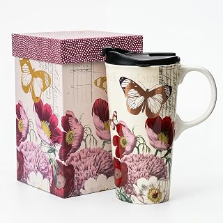 Topadorn 17oz Ceramic Travel Mug with Lid, Vintage Butterfly Floral Mug | Large Ceramic Coffee Mug • Comfortable Handle • Microwave & Dishwasher Safe • Gift Box Included