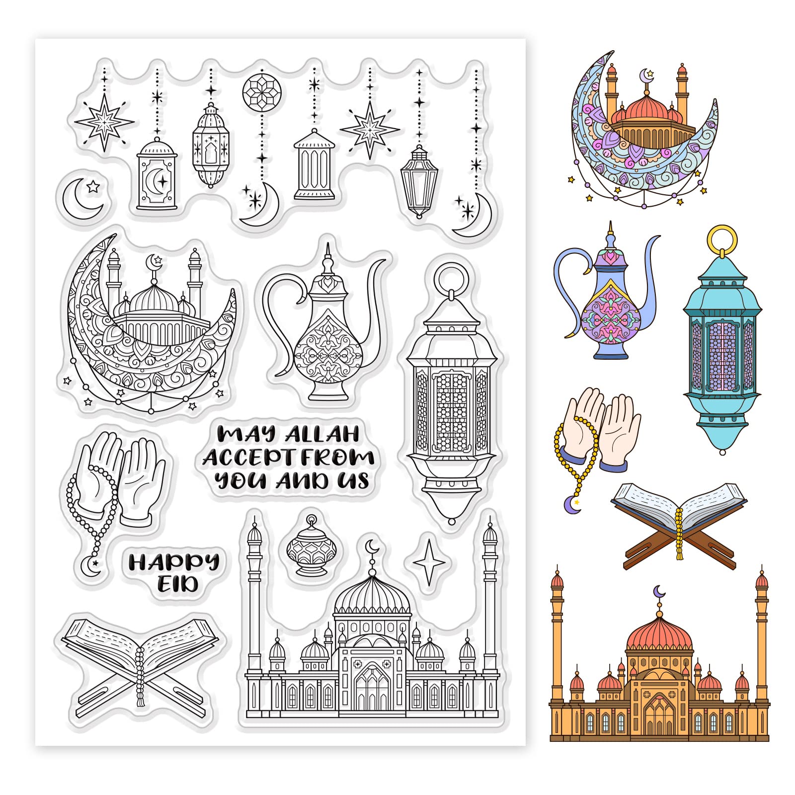 PandaHall Happy Eid Clear Stamps, 1 Sheet 10 Pattern PVC Plastic Reusable Stamps Lesser Bairam Light Plaza Prayer Hands Transparent Decorative Stamp for Holiday Card DIY Scrapbooking Journaling