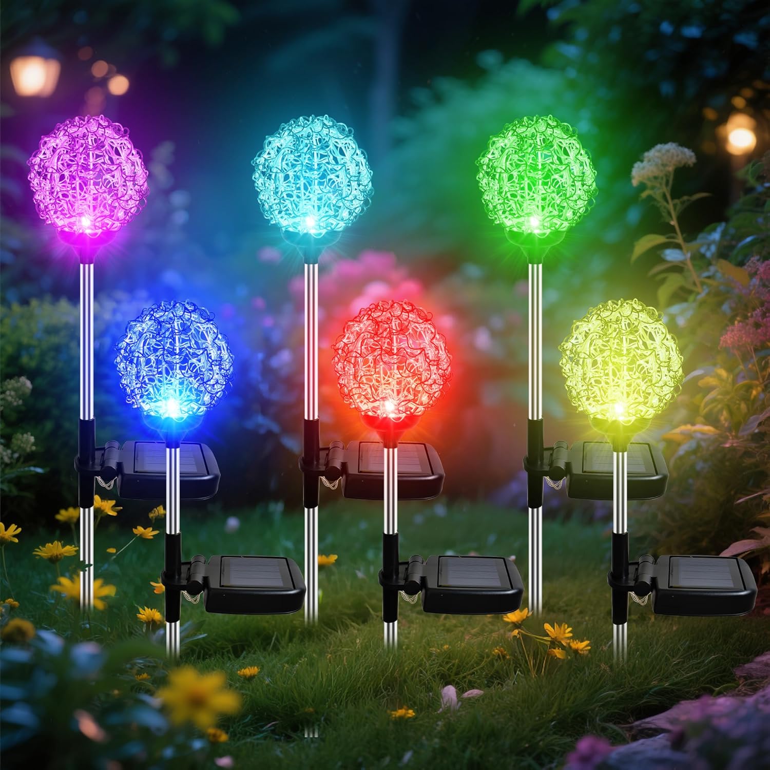 Solar Garden Lights Outdoor, Upgraded Globe Powered Garden Light, Multi-Color Changing LED Solar Stake Lights for Patio Backyard Pathway Party Decoration (Stainless Steel, 2 Pack)