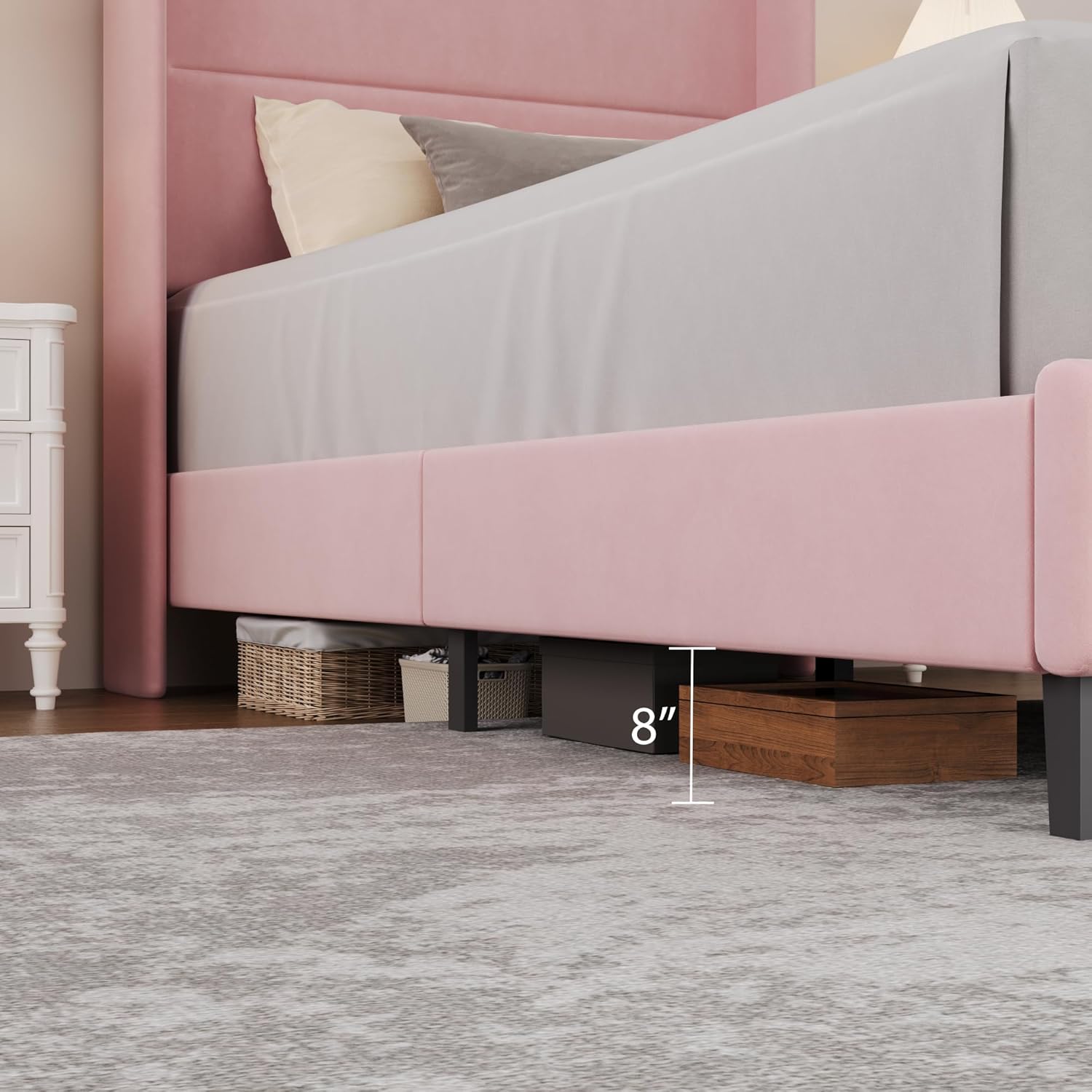 Twin Size Bed Frame with Wingback Headboard, Velvet Upholstered Platform Bedframe with Wood Slats, No Box Spring Needed, Easy Assembly, Pink