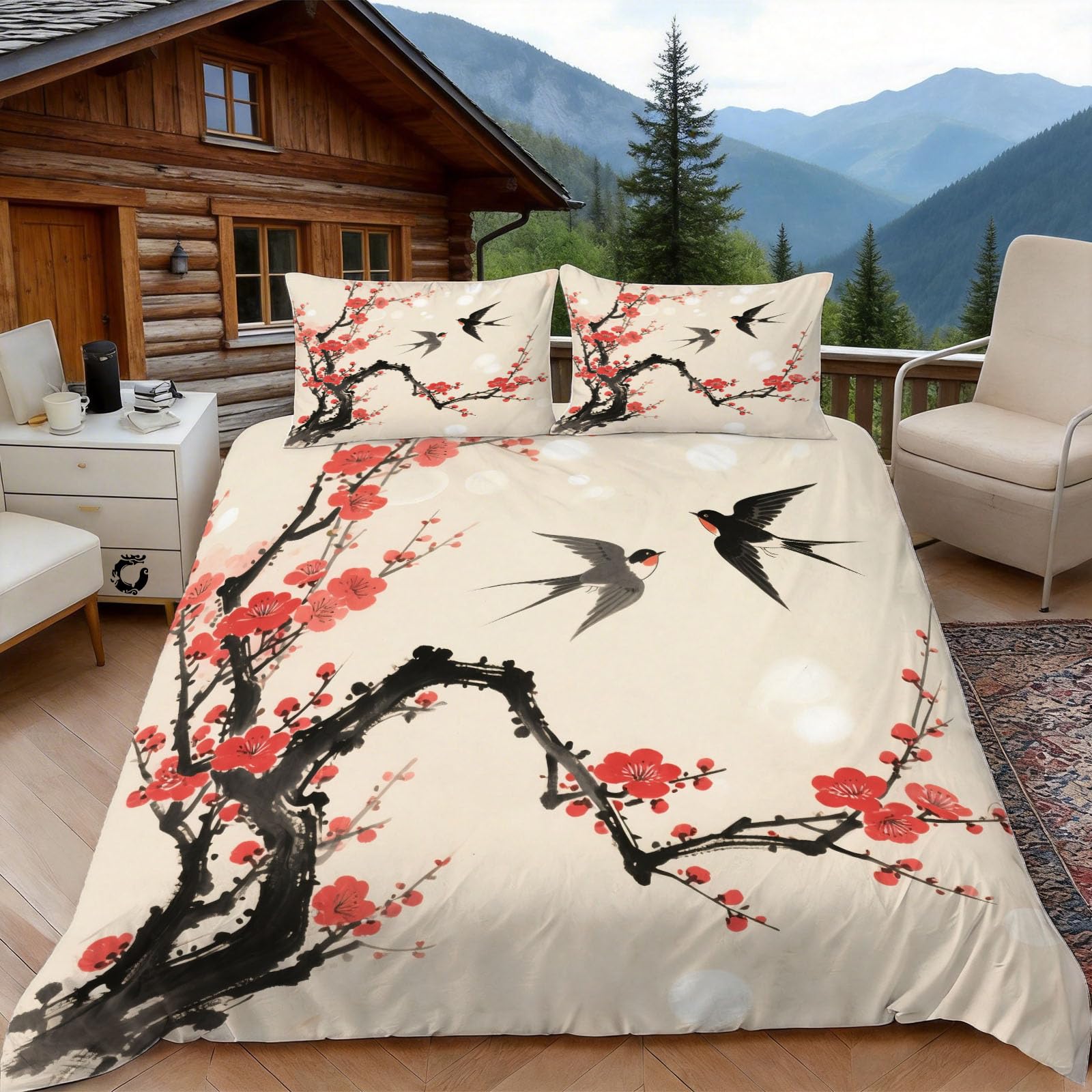 3D Double Duvet Set 3D Printed Pattern Plum Bedding, Oriental Aesthetics Soft Microfibre Duvet Cover Sets Quilt Cover and Pillow Set with Zipper 3 Pcs