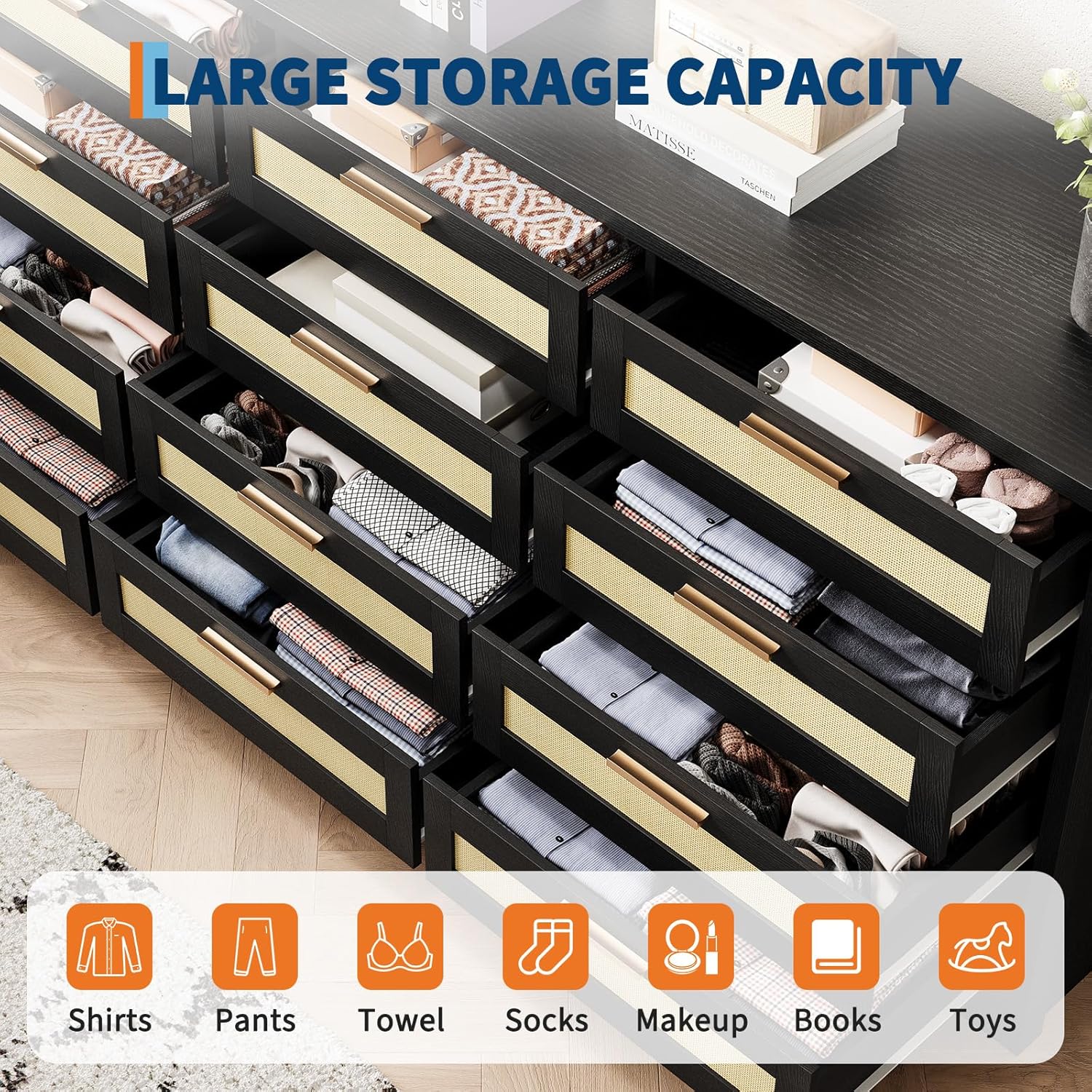 Hipicute 12 Drawer Dresser for Bedroom, Modern Rattan Chest of Drawers, Wood Storage Organizer with Rattan Panel Drawers and Handles, for Nursery, Entryway, Living Room, Black