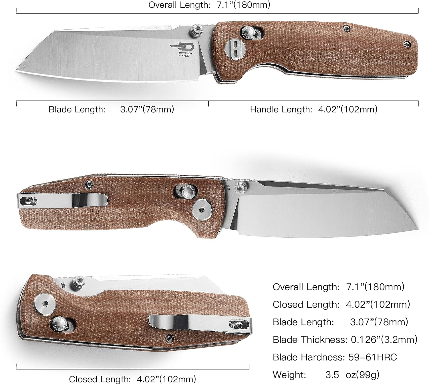 BESTECH KNIVES Pocket Folder Folding Knife: 3.07" D2 Steel Cleaver Stonewashed Blade, Micarta Scales, Thumbstud, B-Lock, EDC Steel Clip, BG43D (Natural)