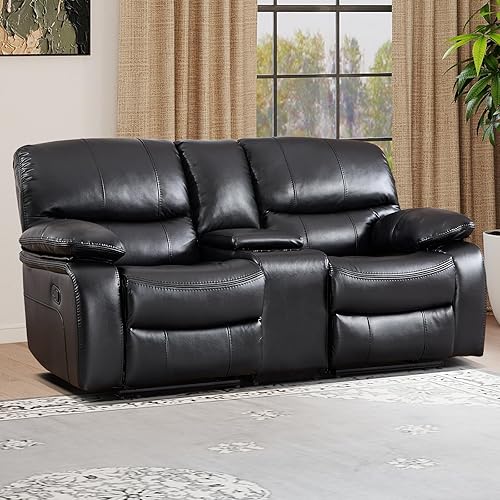 EBELLO Americana - Sofá reclinable manual de piel sintética, sofá reclinable doble minimalista de 2 asientos con consola central, almacenamiento
